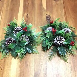 Vintage Plastic Holly Berry Pine Pinecones Christmas Candle Holder Rings Set 2